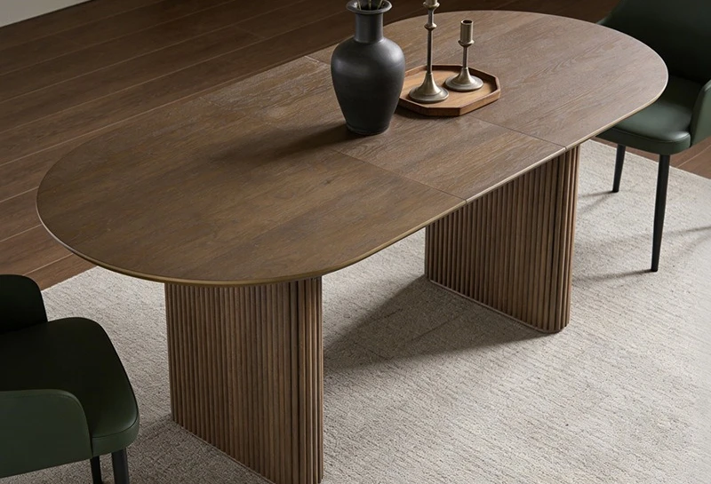 

Solid wood retractable dining table oval high-end modern simple walnut striped legs