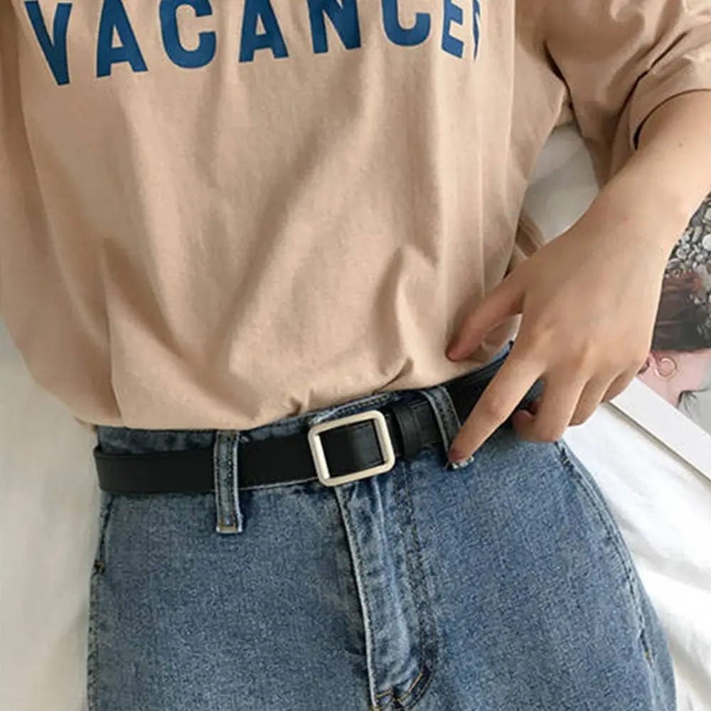 Women Vintage Casual Leather Belt Non-Porous Buckle Waistband Trouser Dress Belts Thin Waist Strap
