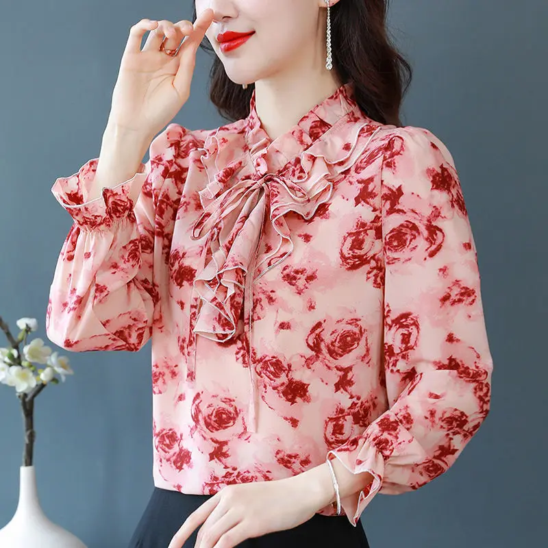 Women\'s Korean Fashion Silk Ruffles Bow Floral Printed Blouse Vintage Elegant Lace Up Shirt Female Casual Long Sleeve Loose Tops