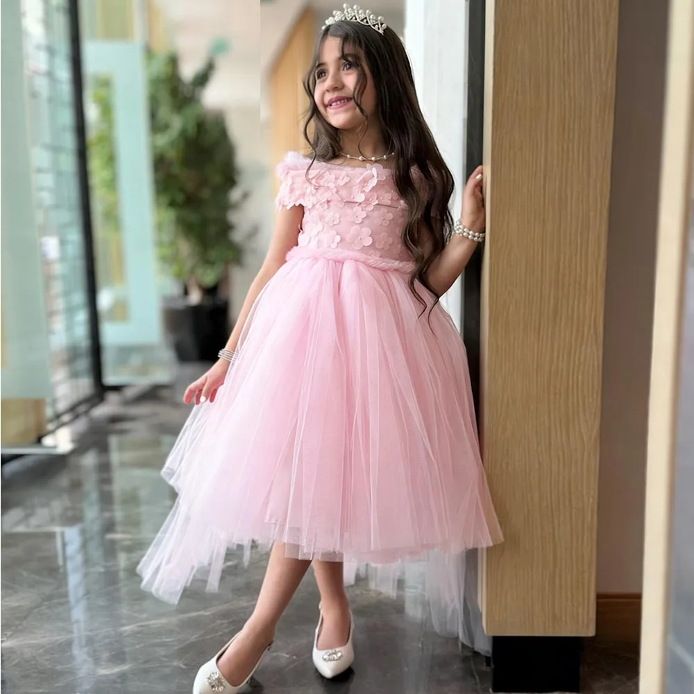 

Pink Cute Flower Girl Dresses Tulle Dress For Girls Off-Shoulder Birthday Dress A-line Girl Princess Dress Puffy Kids' Dresses