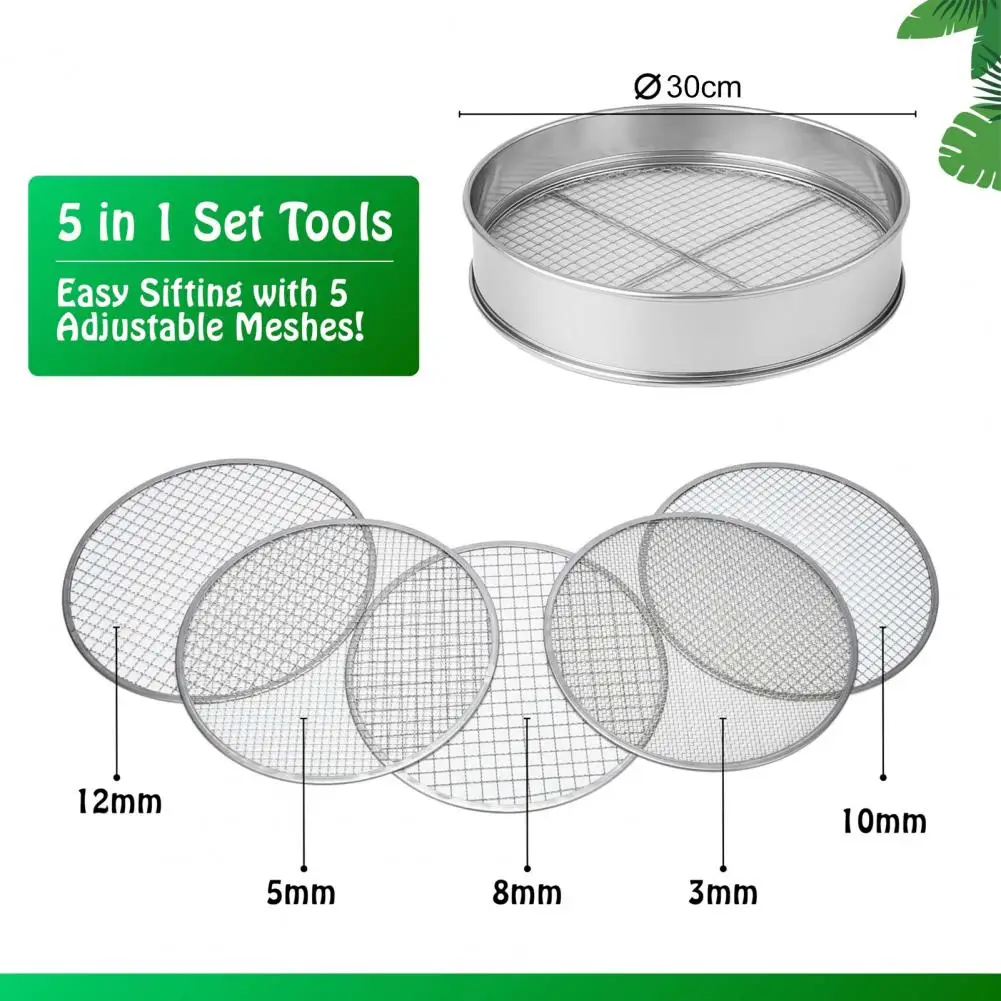 Soil Sieve Set Stainless Steel Frame with 5 Interchangeable Mesh Inserts Heavy Duty Garden Compost Sifter for Gravel Soil Sand C view 6