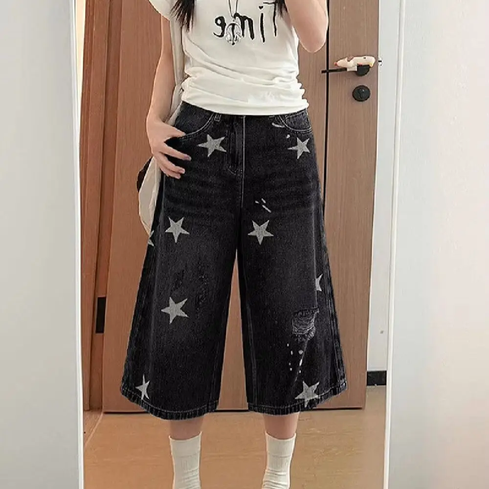Women Black Star Ripped Jeans Summer New Straight Capri Pants Large Size Loose Wide Leg Casual Trousers Cool Girls Streetwear