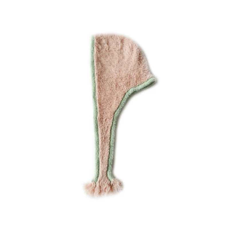 Original Color Matching Soft Imitation Mink Wool Hat Women Winter Ear Strap Hanging Beard Knitted Cap Face Small Cold Hat M581