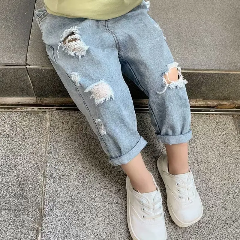 Calça jeans rasgada infantil, calça solta fina, roupas casuais para meninos e meninas, bebê, 2, 4, 6, primavera e outono