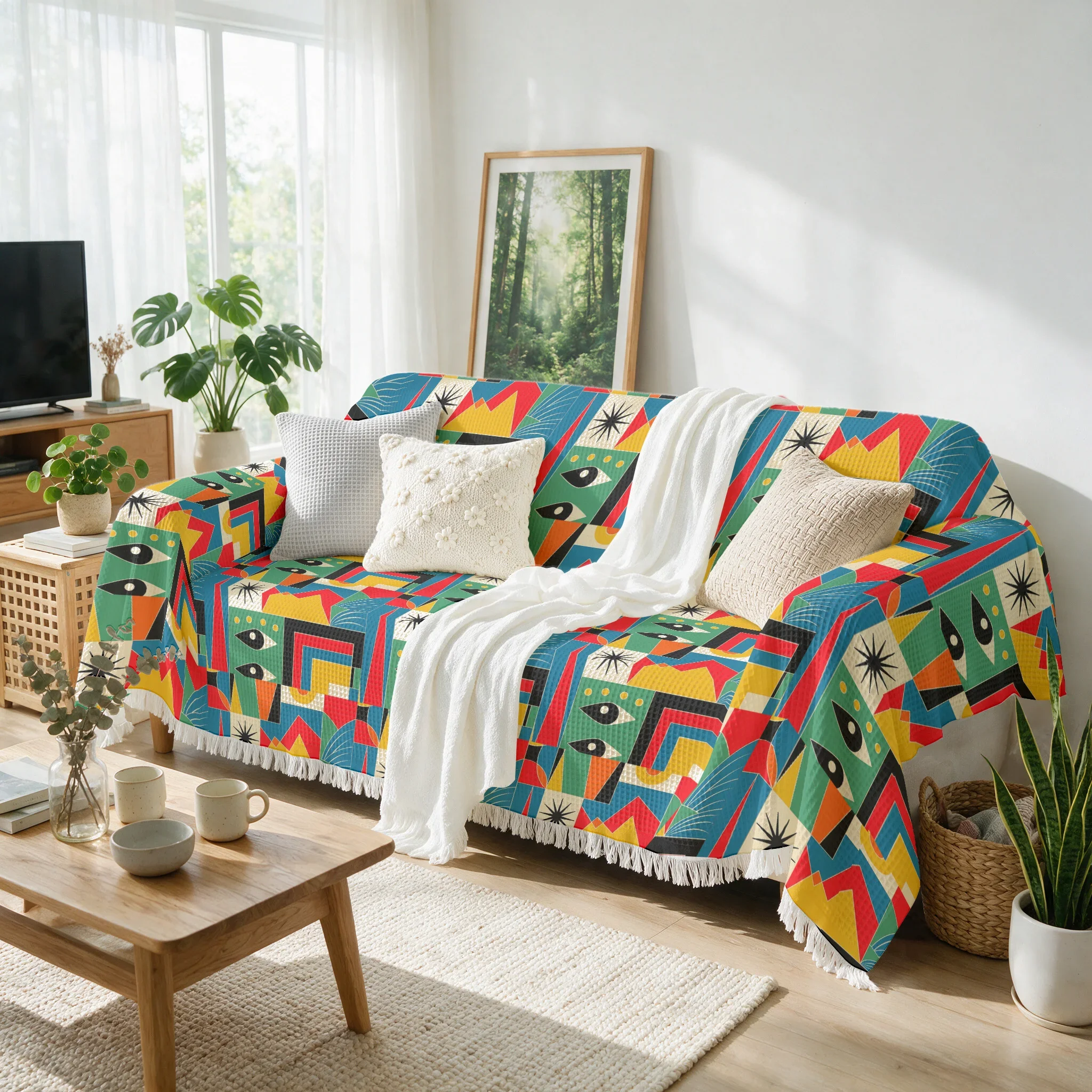 Bright Colorful Geometric Pattern Throw Blanket Sofa Couch Cover Boho Throw Decor for Living Room Home Seating Textiles