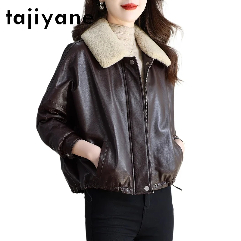 TAJIYANE Real Sheepskin Goose Down Coat Woman Wool Collar Genuine Leather Jacket Short Winter Coats 2025 Women Clothes дубленка