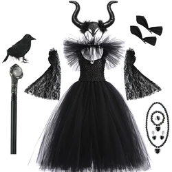 Child Halloween Costume Evil Witch Cosplay Clothes Girl Disguise Dress Kids Maleficent Black Tulle Outfits Fantasy Party Clothes