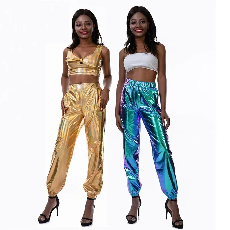 Girls Hip Hop Jogger Pants Women Shiny Woman Trousers Laser Reflective Pants Loose Brown Trousers Casual Sportswear Plus Size