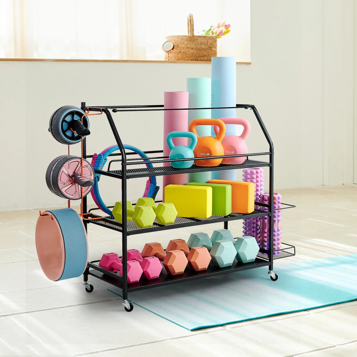 Home Gym Storage Rack - Weight Rack for Dumbbells - Yoga Mat Storage Rack with Two Extra Side Storage Space - Garage Storage