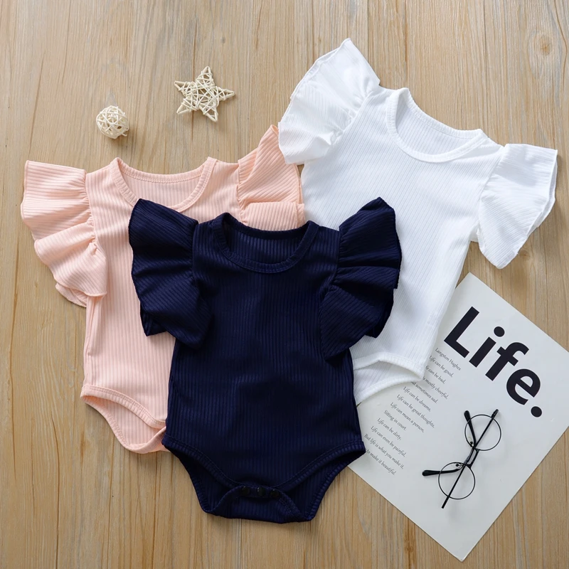 Fashion Newborn Baby Girls Ruffles Bodysuits Summer Child Solid Color Fly Sleeve Romper High Quality Short Sleeve Knitted Romper