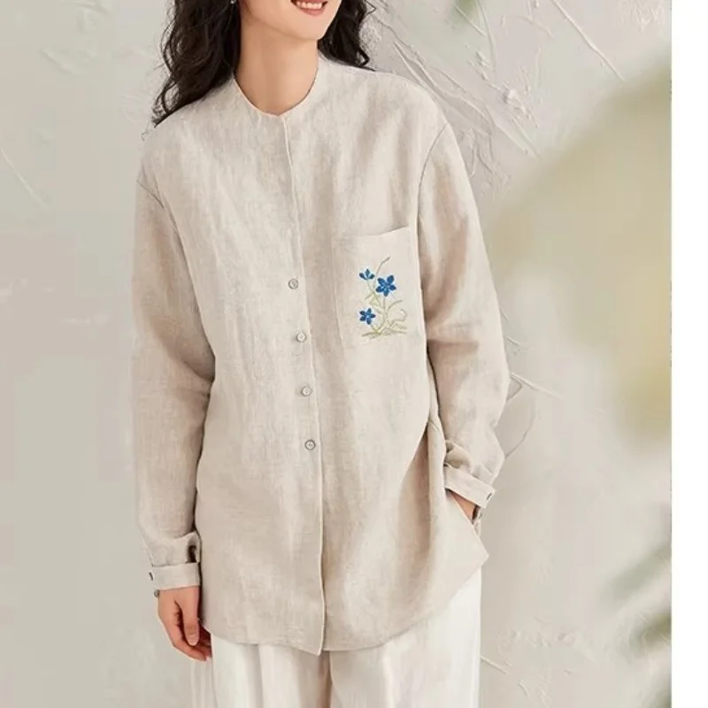

Женская свободная повседневная рубашка с длинным рукавом из хлопка и льна в китайском стиле с вышивкой, модная весенняя одежда в художественном стиле