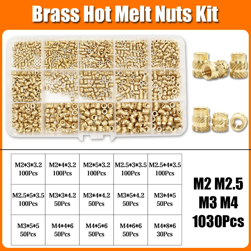 1400x Einsatz Gewinde Kit Messing Mutter M2 M3 M4 M5 M6 M8 Hot Melt Heat Set Einsätze für Kunststoff 3D Drucker Kupfer Rohr Einsetzen Mutter