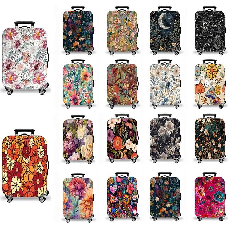 Housse de valise, protection extensible pour valise avec imprimé floral rétro et artistique céleste pour le voyage, motif mystique de fleurs et de galaxie