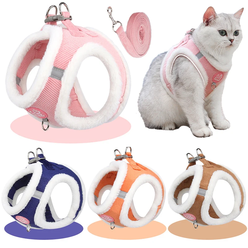 Winter Cat Dog Harness and Leash Comfortable Plush Pet Vest Harness for Small Dogs Cats Outdoor Walking Lead Chihuahua Collar