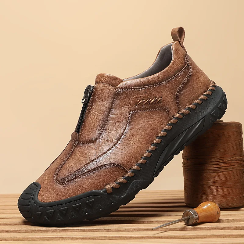 خمر نمط جودة انقسام أحذية من الجلد الرجال حذاء كاجوال اليدوية المتسكعون مريحة رجالي حذاء للسير مسافات طويلة الانزلاق على الأخفاف المسطحة #1