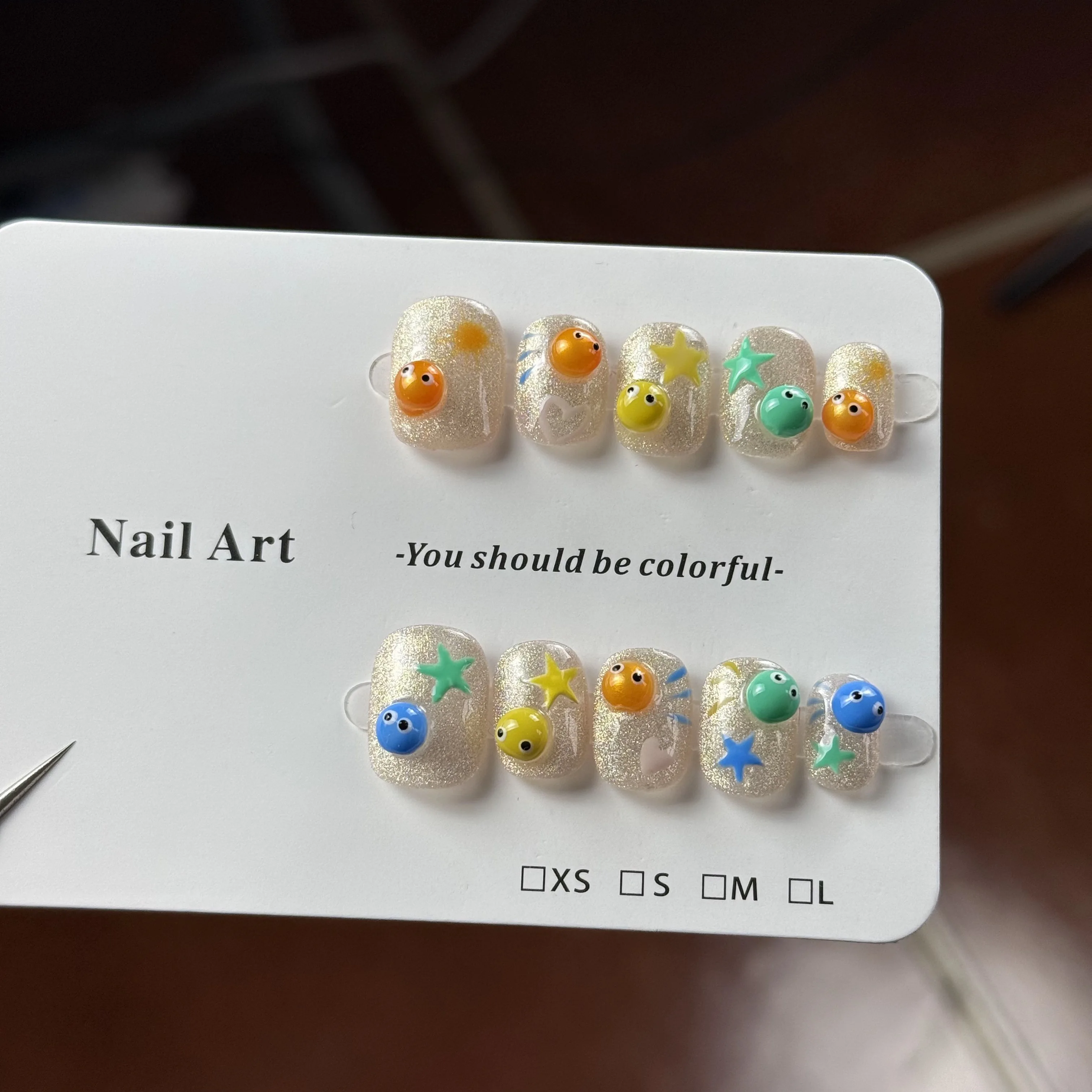 

10pcs high-end Battle of balls Cute cartoon, hand-drawn dopamine pinches the little nose, flashes cat eyes handmade fake nails