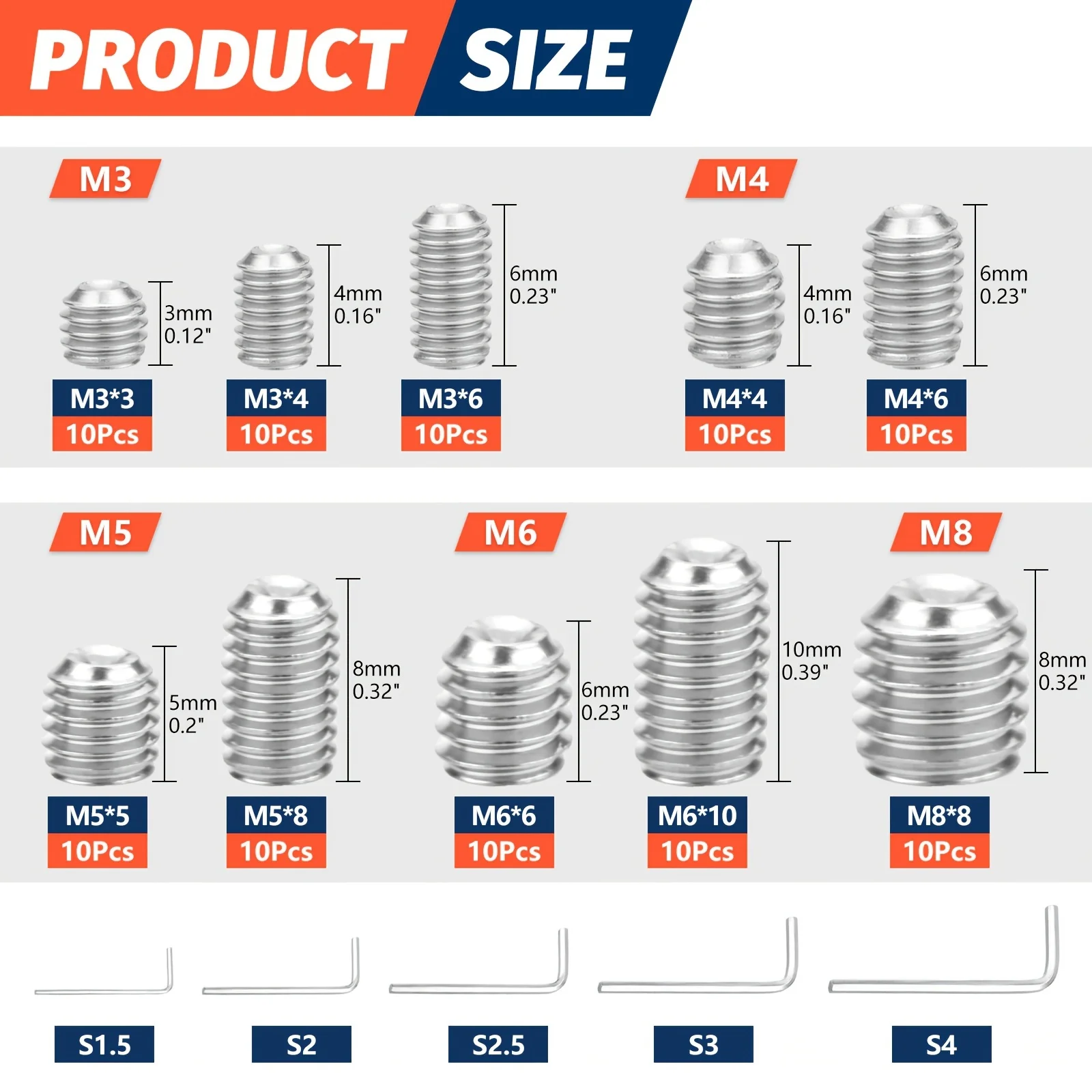 Set Screws Assortment Kit  M3 - M8 with Allen Keys - 100 PCS 304 Stainless Steel Grub Screw for Fixtures Knobs Faucets & More