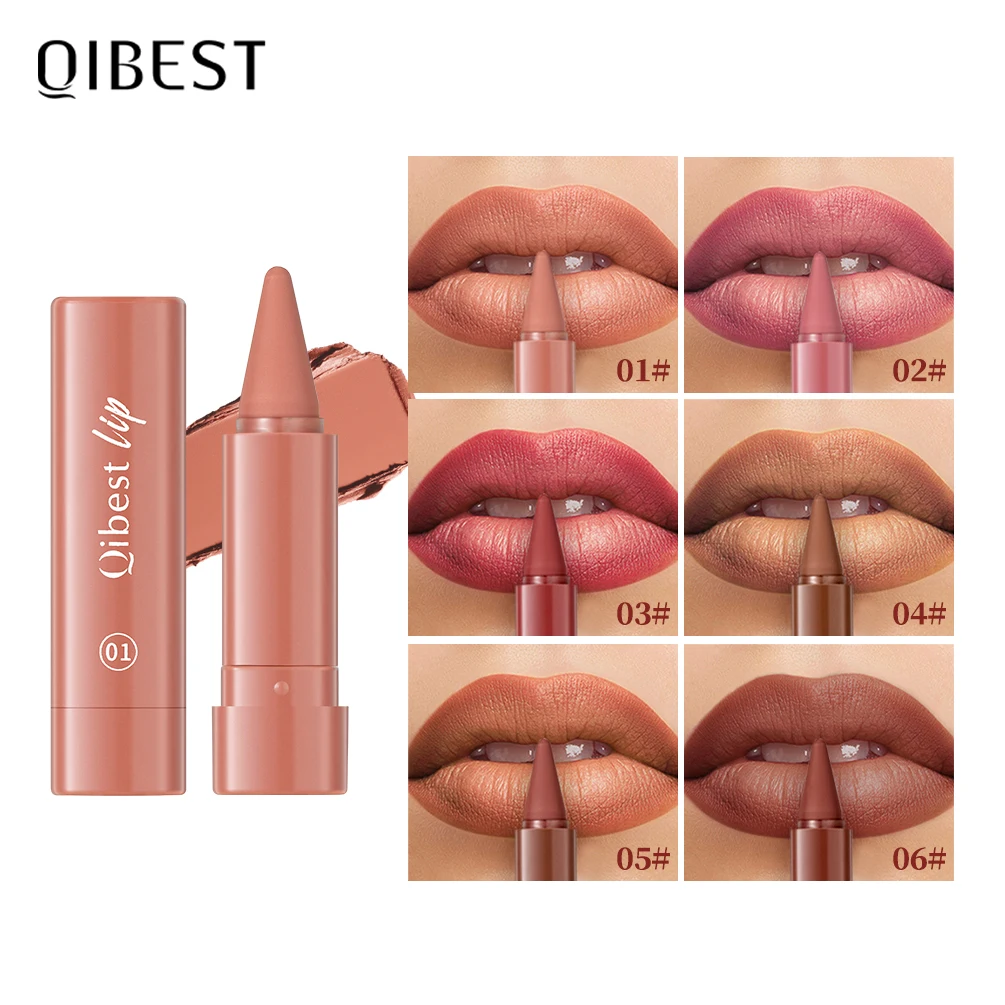 QIBEST6 Farbe, langlebig, einfach zu färben, matt, Wirbel-Lippenstift, Bleistift, natürlich, wasserfest, Schweiß-Lippenstift, Lipliner