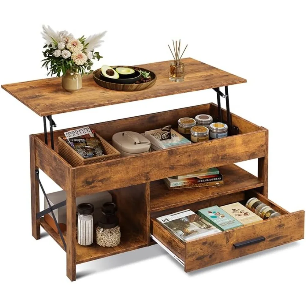 Lift Top Coffee Table, 39 Coffee Table with Storage Drawers, Hidden Compartment, Wooden Lift Tabletop Center Table for Liv