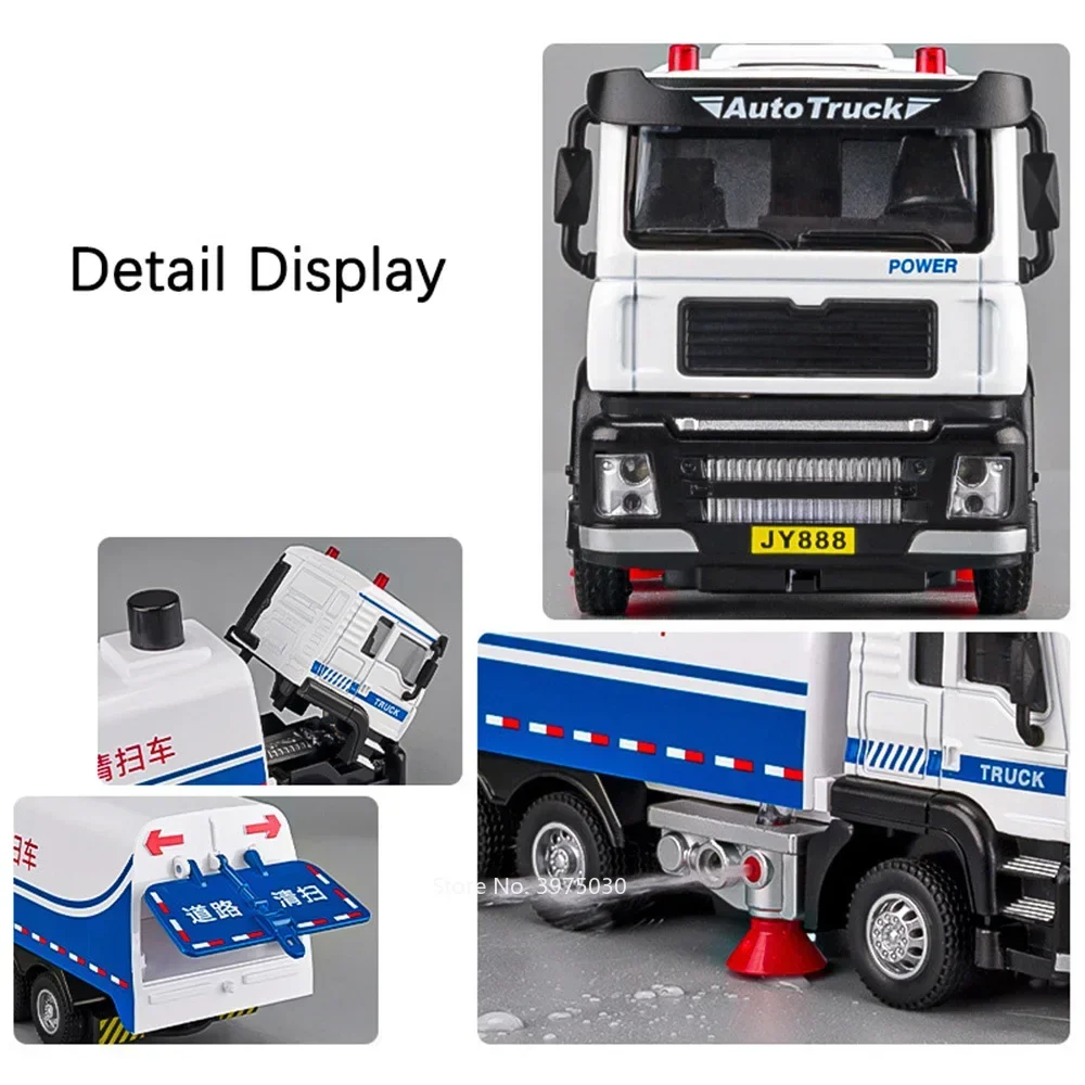 Alloy Diecast Road Sweeper Model Car Toys with Light Music Sanitation Sweeping Truck Wheel Pull Back Vehicle Kids Xmas Gifts