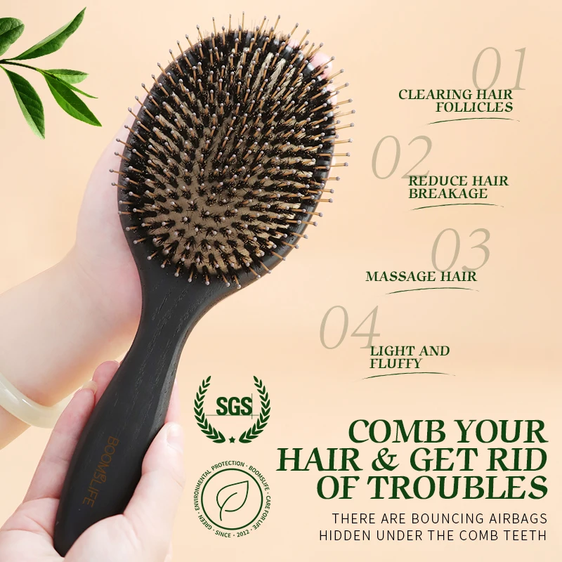 BOOMSLIFE Black Boar Bristle Mix Nylon Hair Brush Women Custom Massage Sclap USA Oak Wood Hair Comb for Hair Barber Accessories