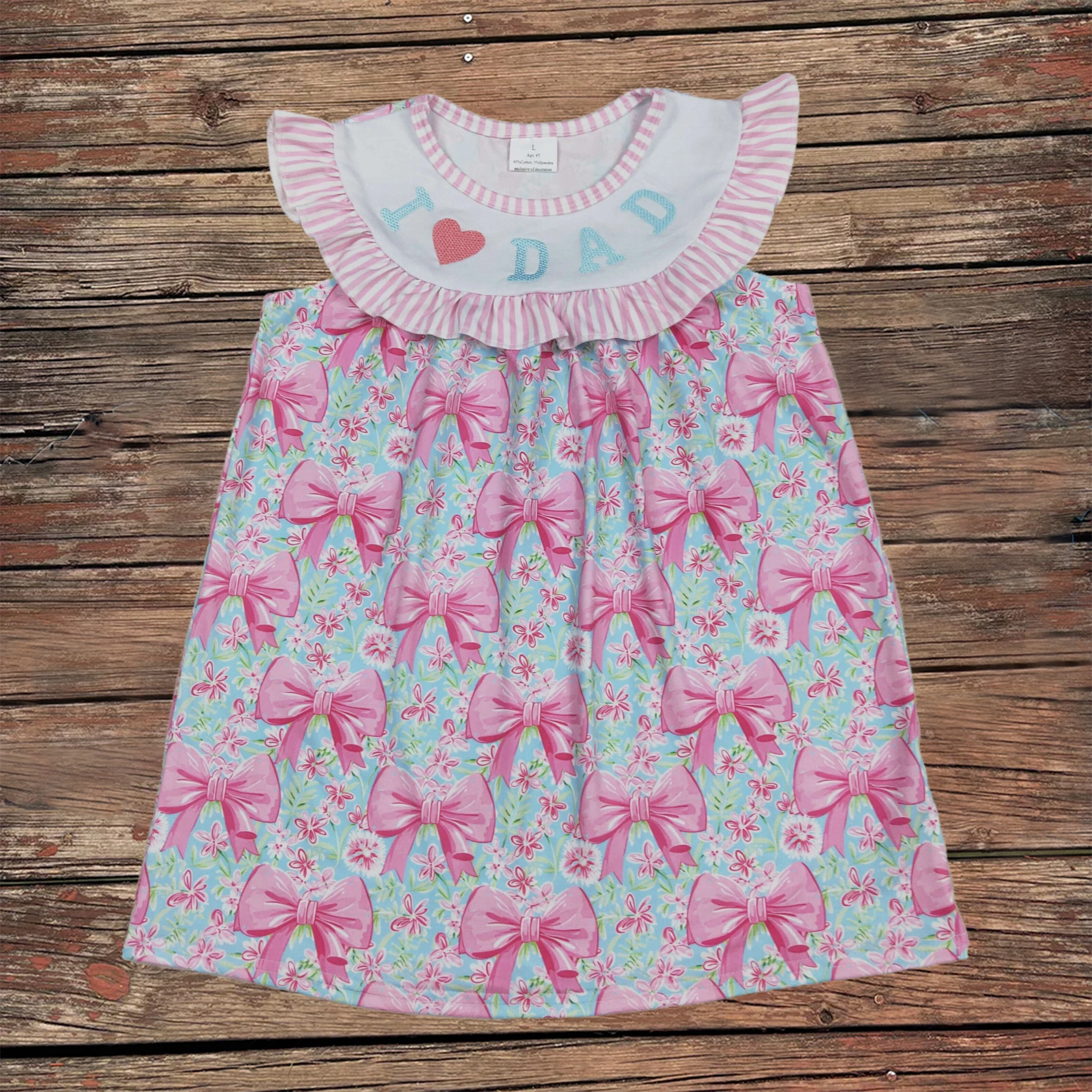 Wholesale Baby Girls Embroidery I Love Dad Short Sleeves Floral Bows Knee-Length Dresses Toddler Kids Children Smocked Clothes