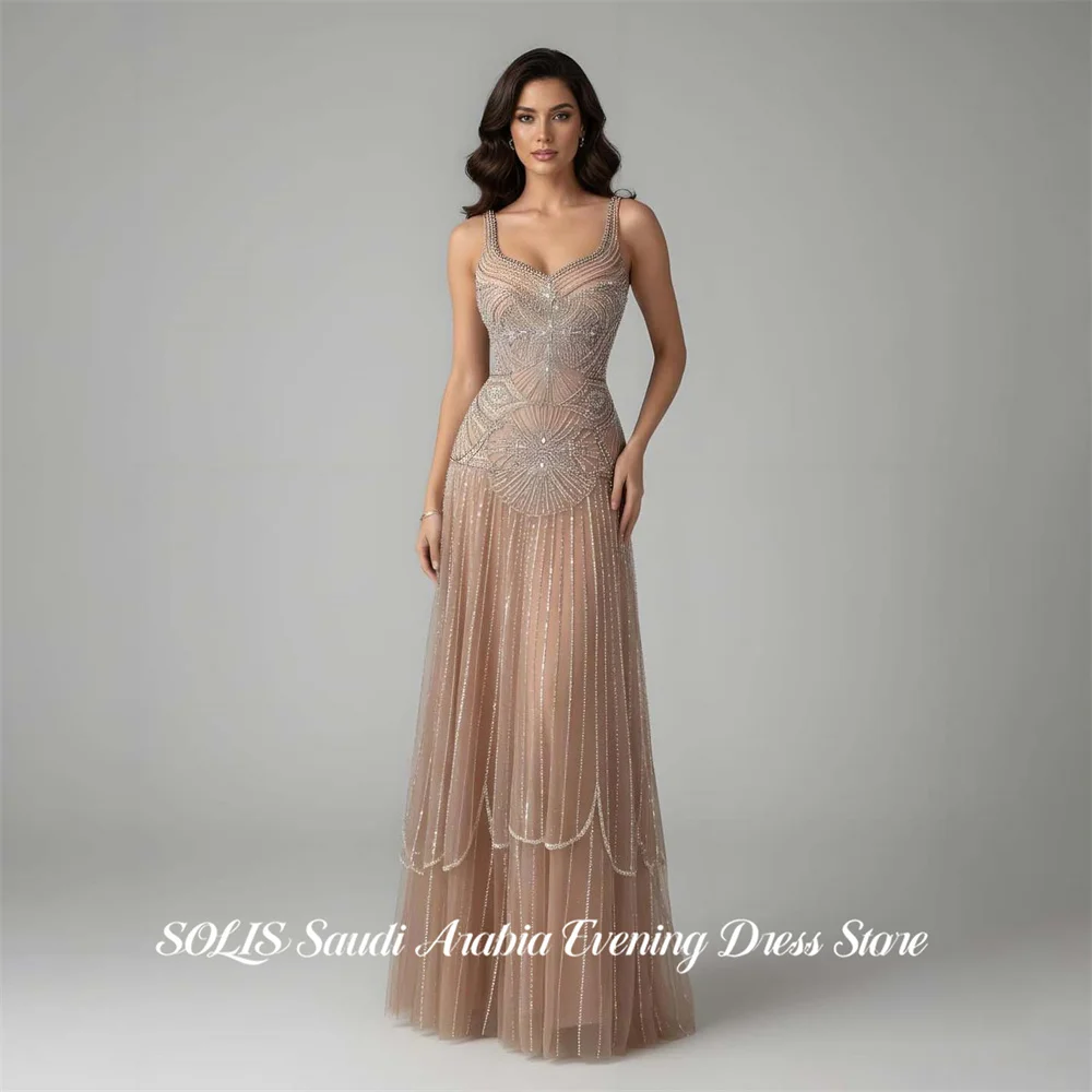 SOLIS Champagne Prom Dresses Spaghetti Strap Gala Dresses Sleeveless Saudi Arabic Glitter Sequin Evening Party Gown Customized