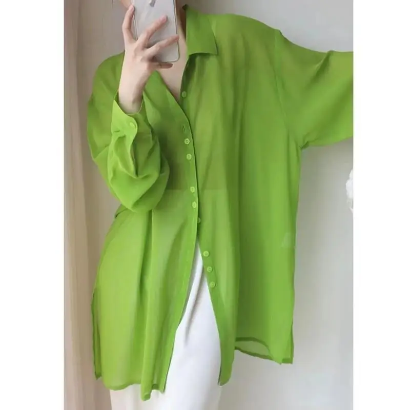 Spring Simplicity Buttons Solid Color Turn-down Collar Long Sleeve Blouse Femme Trend Patchwork Loose Thin Cardigan Shirts Tops