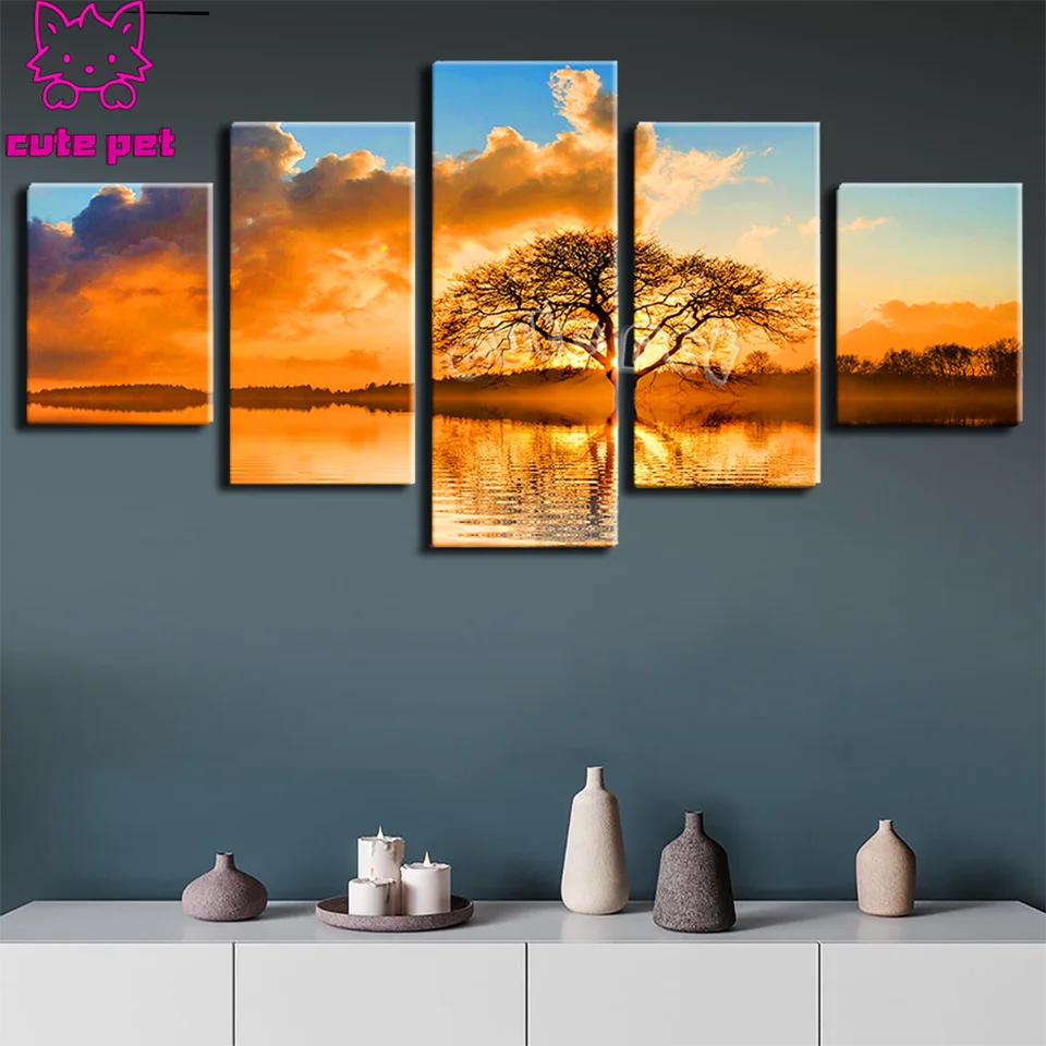 5 Panel Sunset Lake Tree Diamond Painting new art diamond mosaic diamond embroidery Landscape Full square round painting decor