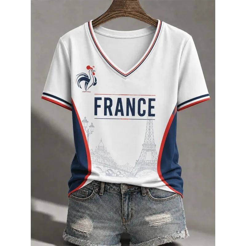 France Fan Inspired Soccer Jersey Rooster Eiffel Tower Graphic V Neck Quick Drying Unisex Red White Blue Sports Football T-shirt