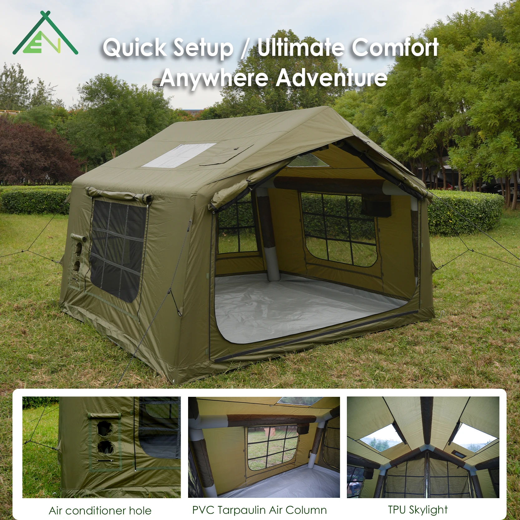 Anttour 8sqm Olive Green Inflatable Tent House 420D Oxford Waterproof Air Column Quick Setup 2-3 Person Four Season AT-8