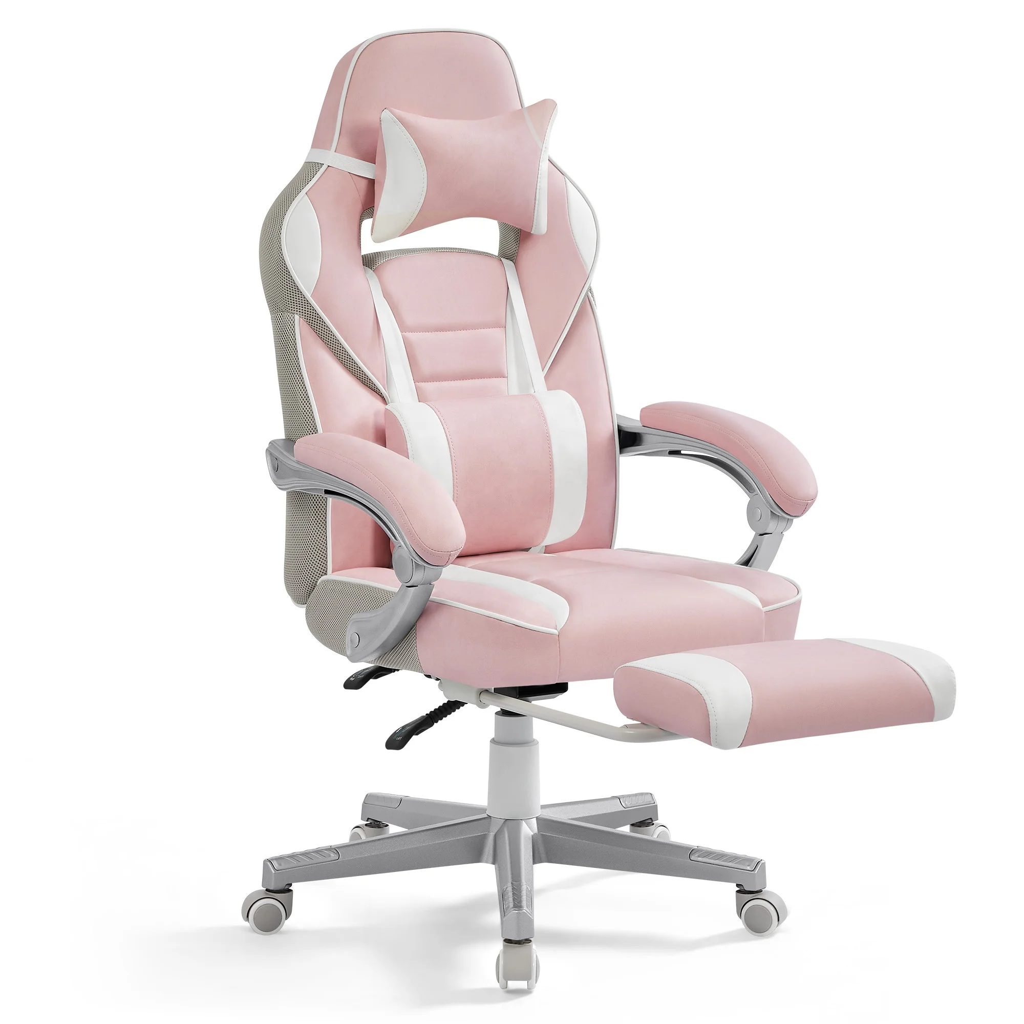 Direct Factory Modern Ergonomic Office Chair Adjustable Headrest Pink Leather Swivel Chair Footrest Made Metal PU Steel