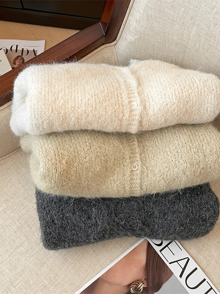 المرأة البيج سترة مريحة سترة Harajuku خمر الكورية Y2k طويلة الأكمام الخامس الرقبة الكشمير البلوزات البلوز 2000s ملابس الخريف