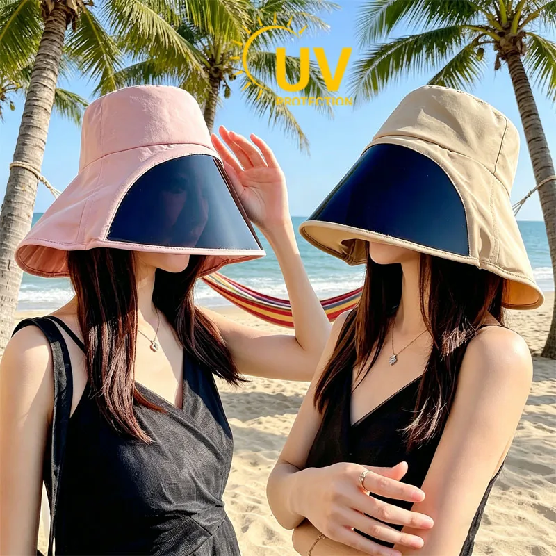 Women's Extra Wide Brim Bucket Hat with Face Shield, Full Cover UV Sun Hat for Beach Fishing, Adjustable Cap