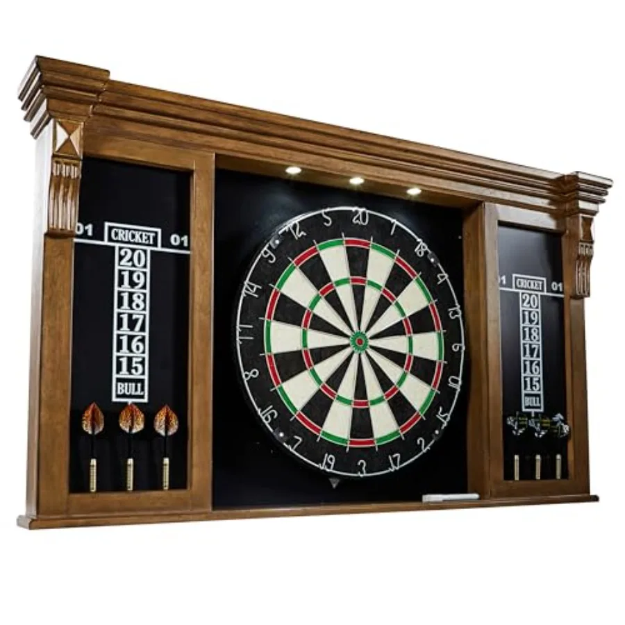 

Cricket games: wood cabinet with 18 bristle dartboard steel tip darts, pre-assembled, multiple styles, natural wood finish, dur