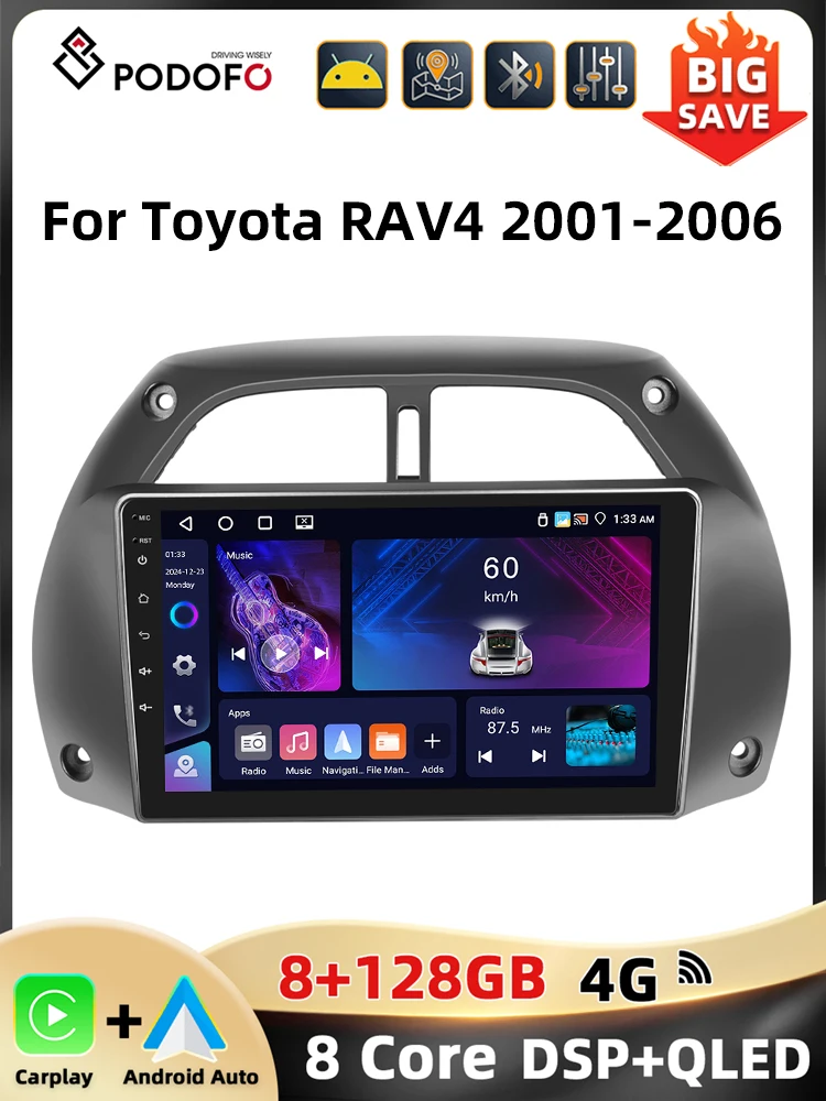 Podofo 8Core 2Din Autoradio Voor Toyota RAV4 2001-2006 Multimedia Speler WIFI 4G AI Voice BT Carplay Android Autoradio RDS - afbeelding 2