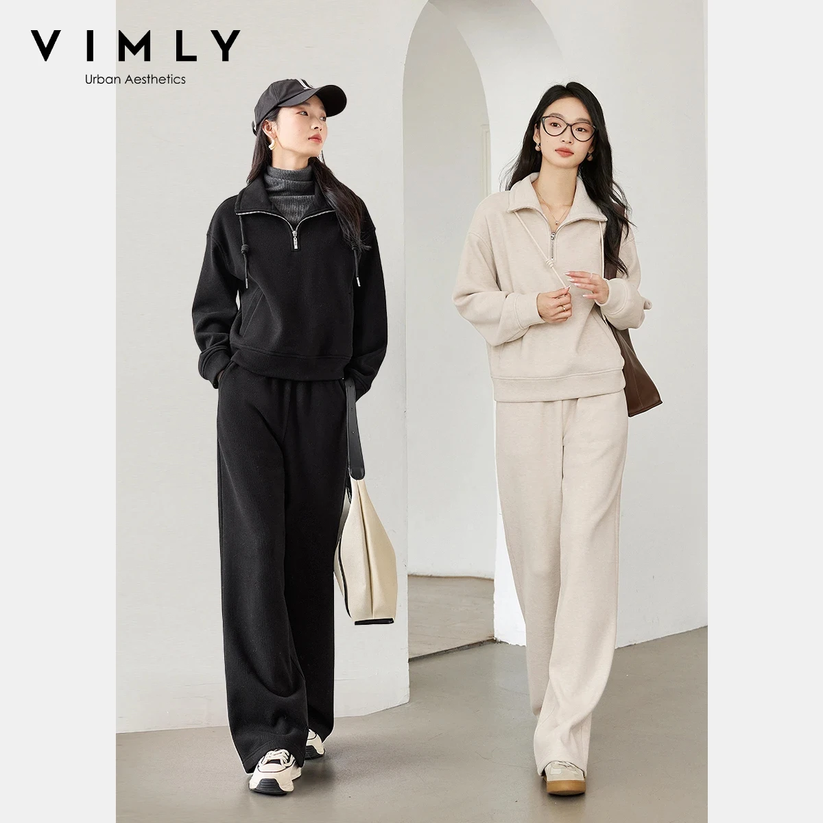 

VIMLY 2 Pieces Pant Set for Woman Casual Draw String Fleece Lined Sweatshirts Long Pants Winter 2025 Female Knit Tracksuit M9271
