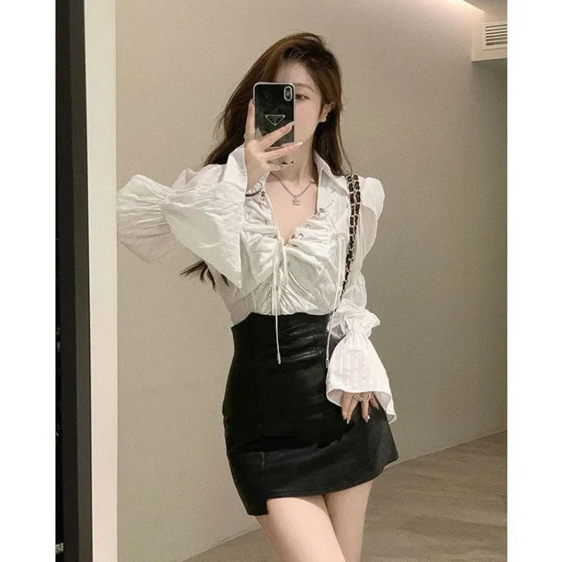 QWEEK Korean Style V Neck Shirt Lace Up Elegant and Youthful Woman Blouses Flare Sleeve Solid Color Chic Luxury Clothes Autumn