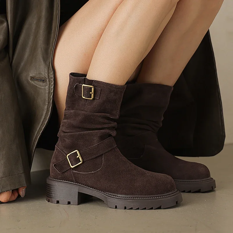 2026 new autumn winter women ankle boots natural leather plus size 22-26cm cow suede round toe thick heel buckle short boots