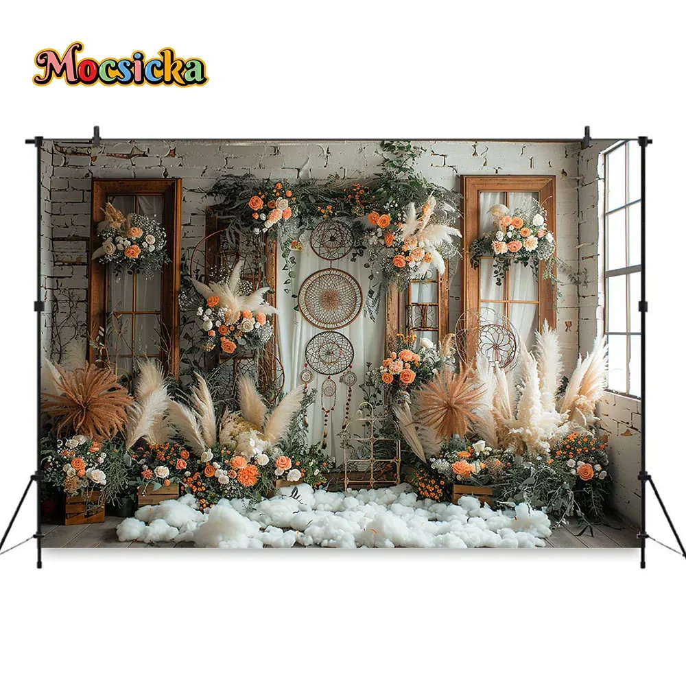 Fundo do casamento boêmio, apanhador de sonhos Flores, Pampas Grama Backdrop Decoração, Menina bebê Aniversário, Family Photo Studio