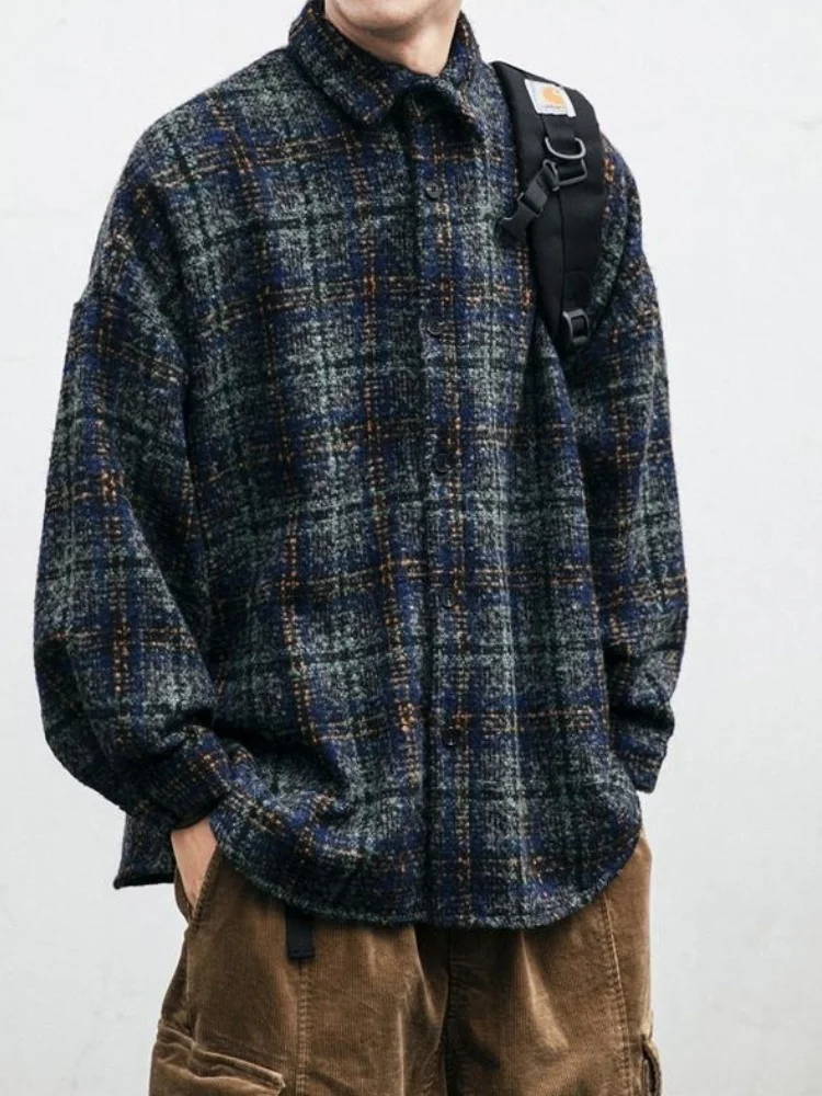 Men's Thick Shirts Japanese Retro Autumn Winter Wool Plaid Shirt Long Sleeve Couple Versatile Casual Outerwear