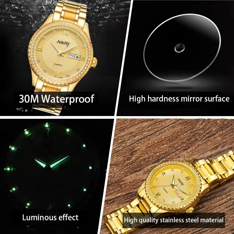 NARY Brand Luxury Original Watch for Men Gold Stainless Steel Strap Waterproof Diamond Classic Quartz Wristwatch with Date Dial