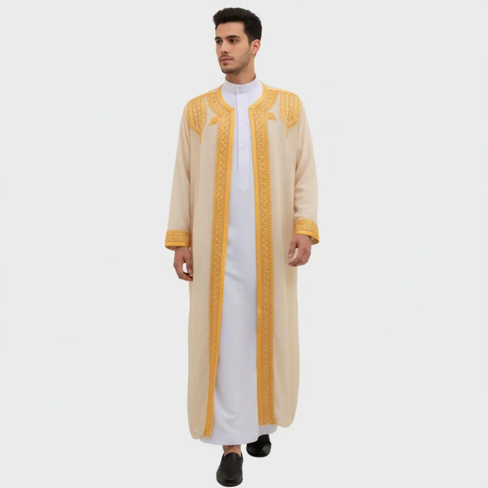 New Arrival Dad Wear Open Style Outerwear Stereo Golden Thread Embroidered Kimono, Plus Size Relaxed Casual Jacket