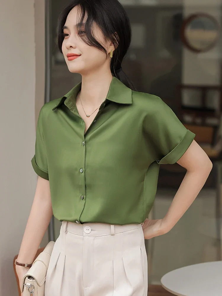 

Pop Summer Satin Silky Green Shirts Women Short Sleeve Blouse Shirts Elegant Tops Blusas Femme Office Lady Blouses For Women