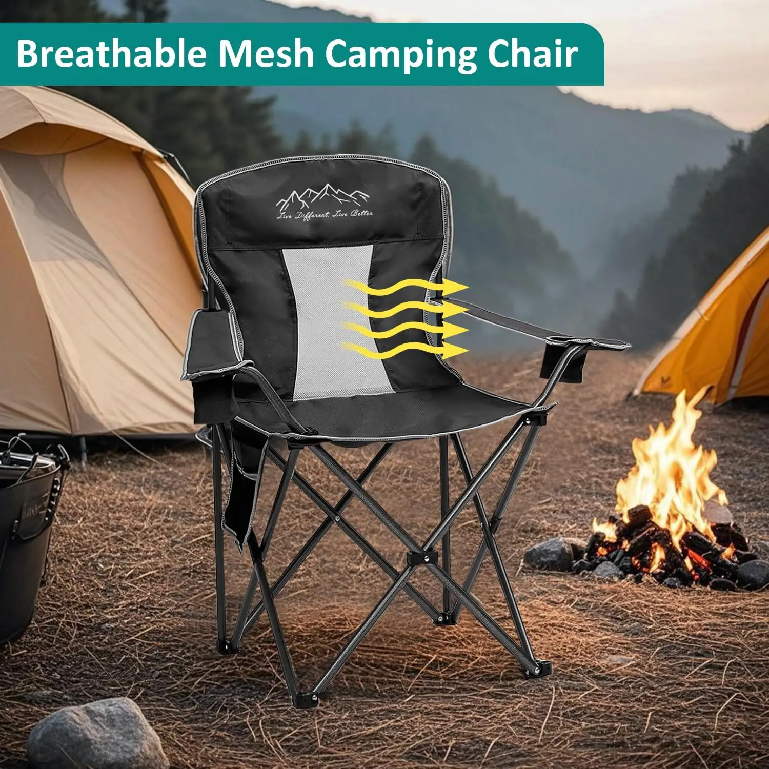 كرسي تخييم قابل للطي للاستخدام الخارجي مع حامل أكواب، سعة 325 رطل، شبكة مسامية، عبوة من قطعتين باللون الأسود #5