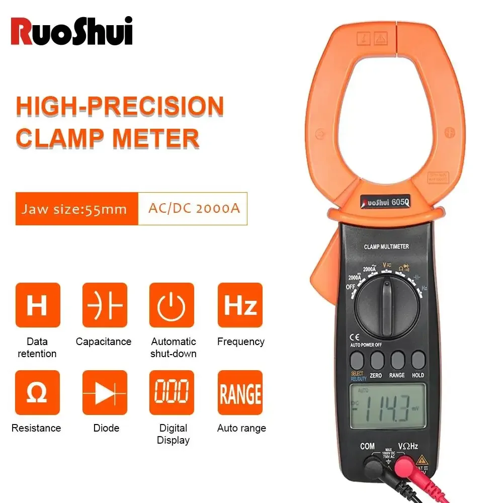 

Цифровой измеритель-зажим RuoShui 6050 с автоматическим диапазоном, а переменного/постоянного тока, большой ток, частота напряжения, емкость, тестер диодов, клещи