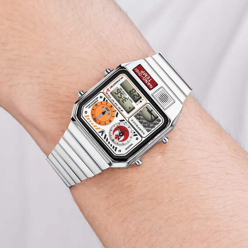 HUMPBUCK Watch Luxury Dual Time Stainless Steel Waterproof Watch with Stopwatch Digital Display Men's Sport Model