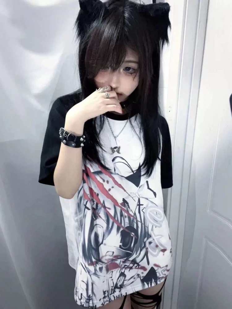 Y2k Aesthetic Casual T-shirt Women Gothic Anime Cartoon Print Loose Graphic T Shirts 2024 Japanese Fairy Harajuku Grunge Tops