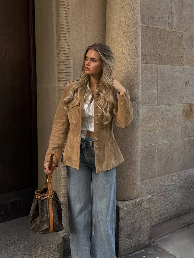 HH Date Night Party Camel Faux Suede Stand Collar Jacket Women Fall Single Breasted Epaulettes Slim Waist Glam Chic Outerwear