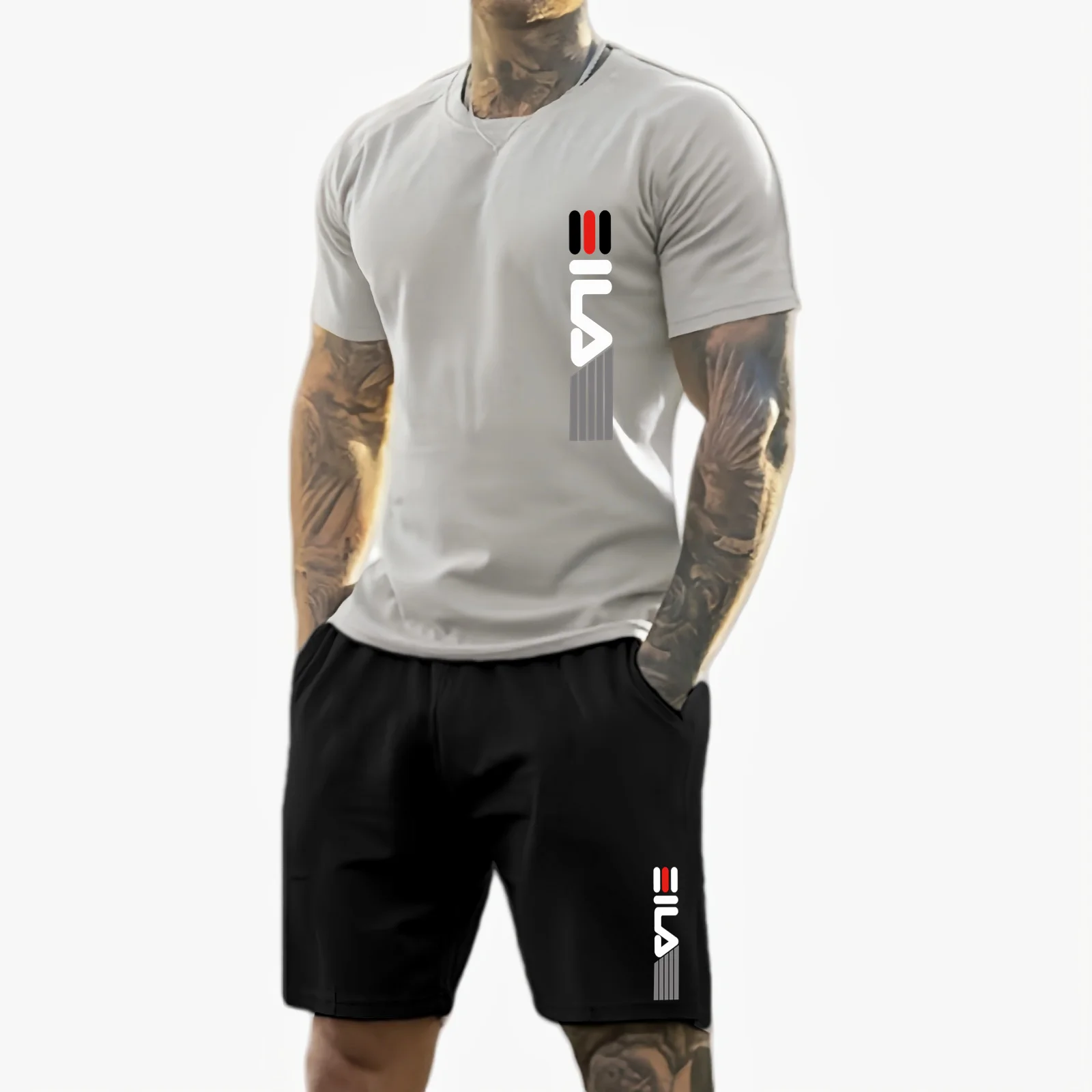 Męski letni zestaw sportowy na rok 2025, modny, oddychający, na zewnątrz, męski T-shirt z krótkim rękawem + szorty treningowe, dwuczęściowy komplet.